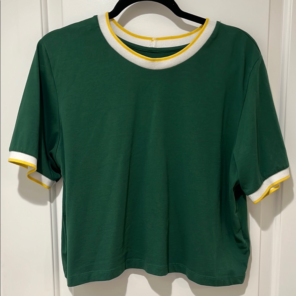 oak + fort Green Crop Ringer Tee with Yellow and White Trim